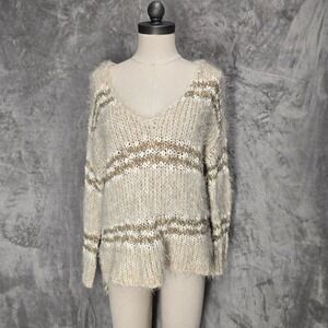 Free People Linus Fuzzy Striped V Neck Oversized Knit Sweater XS Boho Cozy Cream
